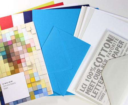 image: Letterpress sampler includes 100% cotton, Gmund Matt papers and envelopes, and the Gmund Color System Swatchbook.